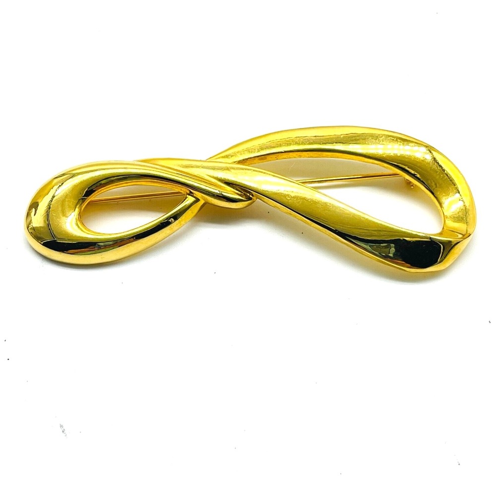 Vintage Gold Tone Infinity Brooch Pin Modernist Abstract Ribbon Twist Costume
